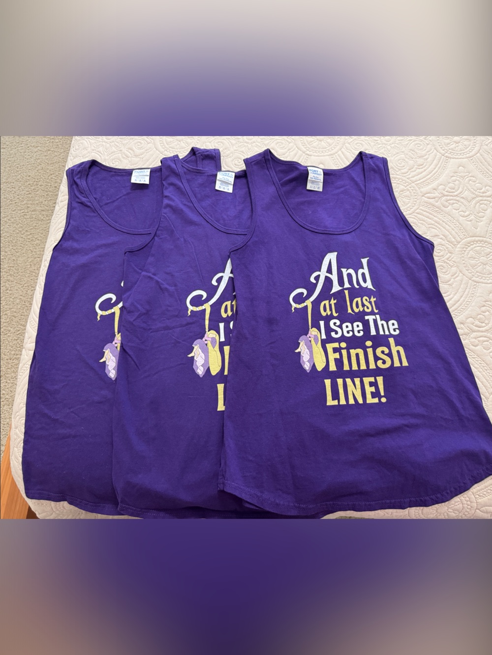 3 Rapunzel Tank Tops - "And at Last I See The Finish Line!" Race shirts
